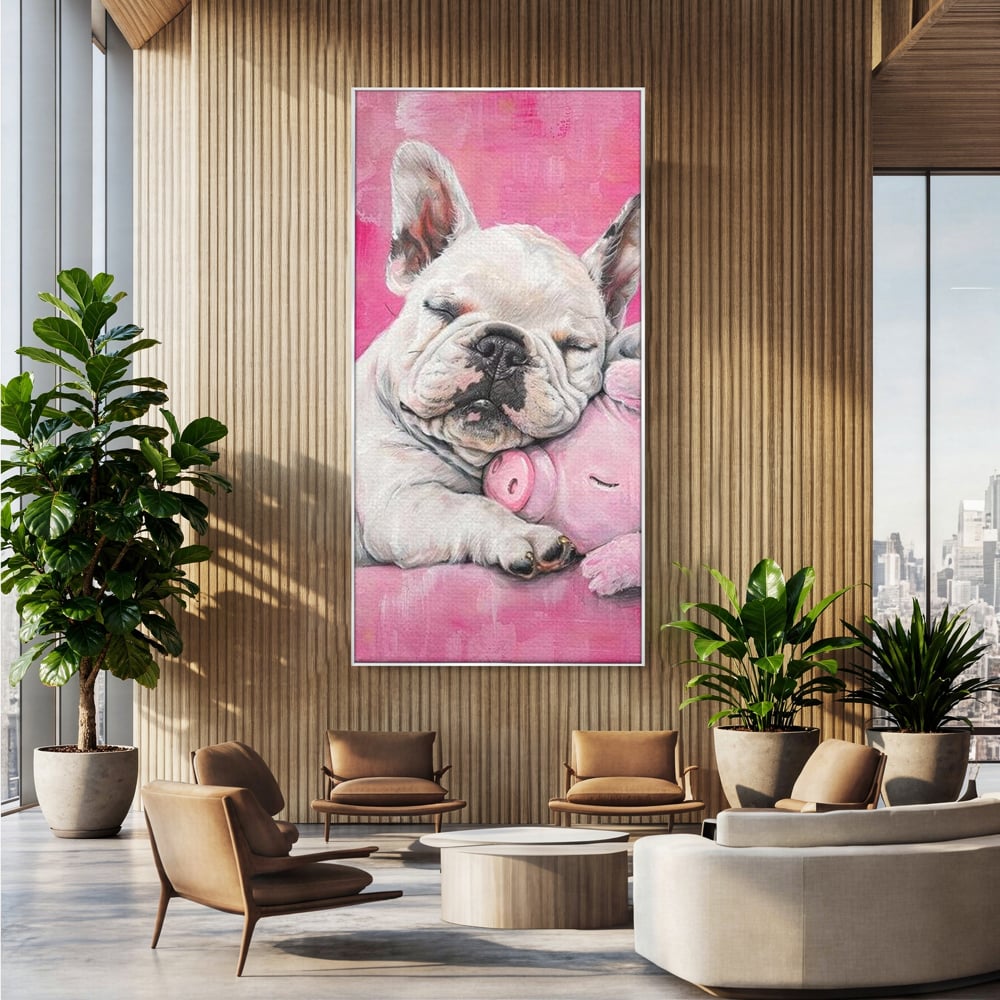 Tablou canvas cu pictura cu bulldog si porcusor, in rama de aluminiu argintiu, pe perete intr-un birou